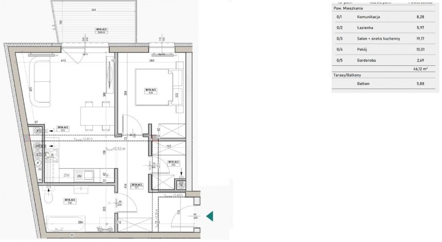 Mieszkanie 46,7 m2, 2 pokoje, Szydłówek miniaturka 5