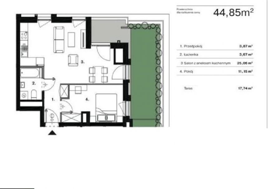 Mieszkanie 44,85m2 Bocianek 2 pokoje Taras17,74m2 miniaturka 1