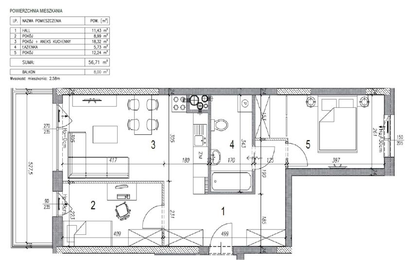 Mieszkanie 56,71 m2, 3 pokoje, KSM miniaturka 5