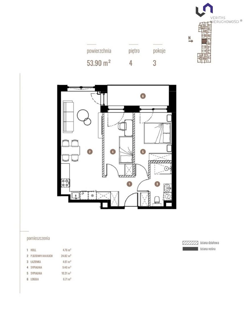 Katowice, 706 090 zł, 53.9 m2, aneks kuchenny połączony z salonem miniaturka 2