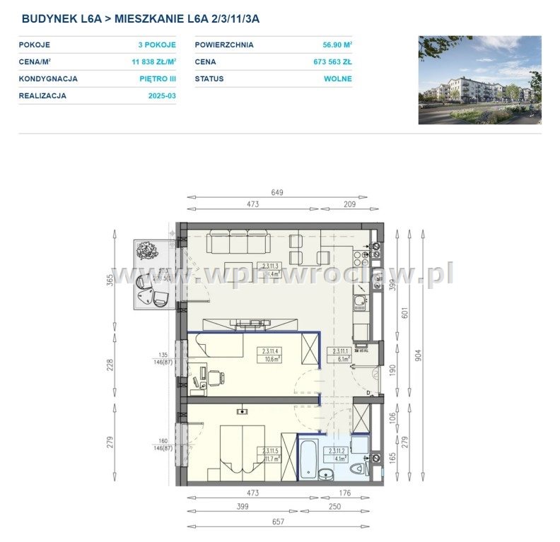 Rozkładowe 3pokojowe + balkon, Oporów miniaturka 9