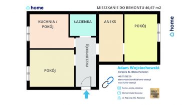 Mieszkanie do remontu 2/3 pok. 46,67 m2 Centrum