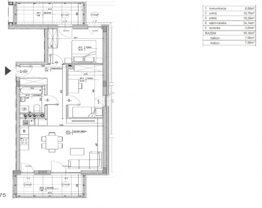 Mieszkanie 58,36 m2, Szydłówek, 3 pokoje miniaturka 6