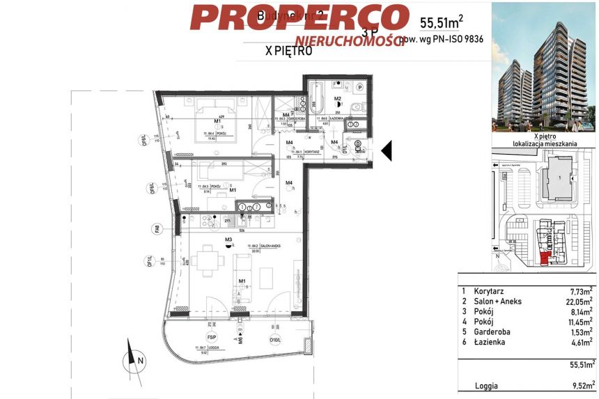 Mieszkanie 3-pok, 55,51m2, Plaza Tower miniaturka 2