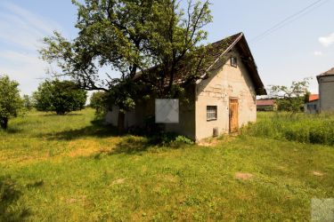 Duża działka z drewnianym domkiem i budynkiem gosp