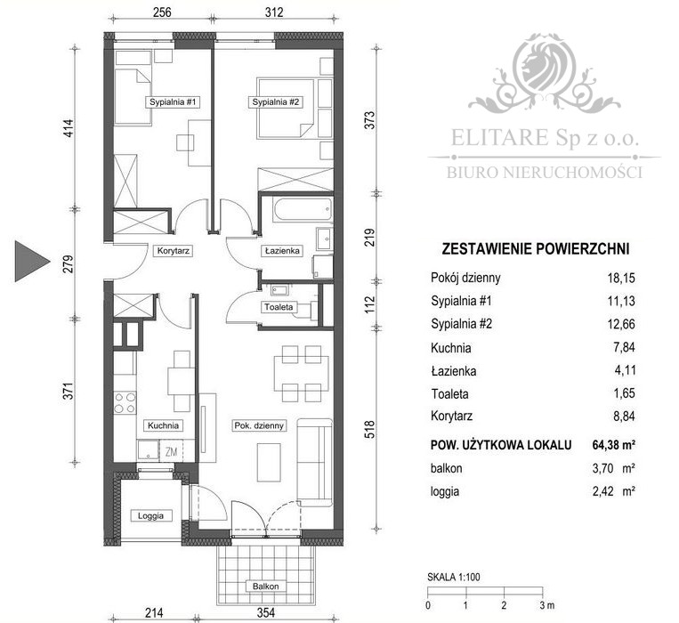 Mieszknie 3pok, 64,38m2/dustronne przeciwległe/ Krzyki, Brochów, Wrocław miniaturka 3