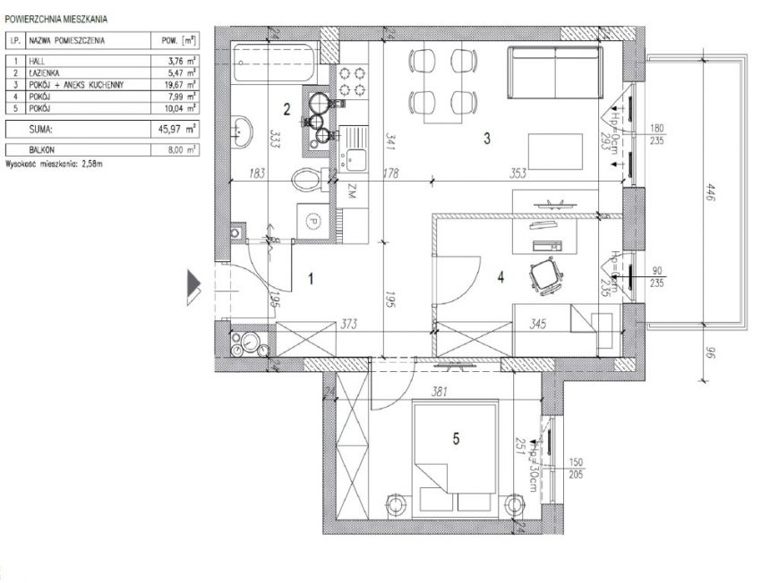 Mieszkanie 45,97 m2, 3 pokoje, KSM miniaturka 5