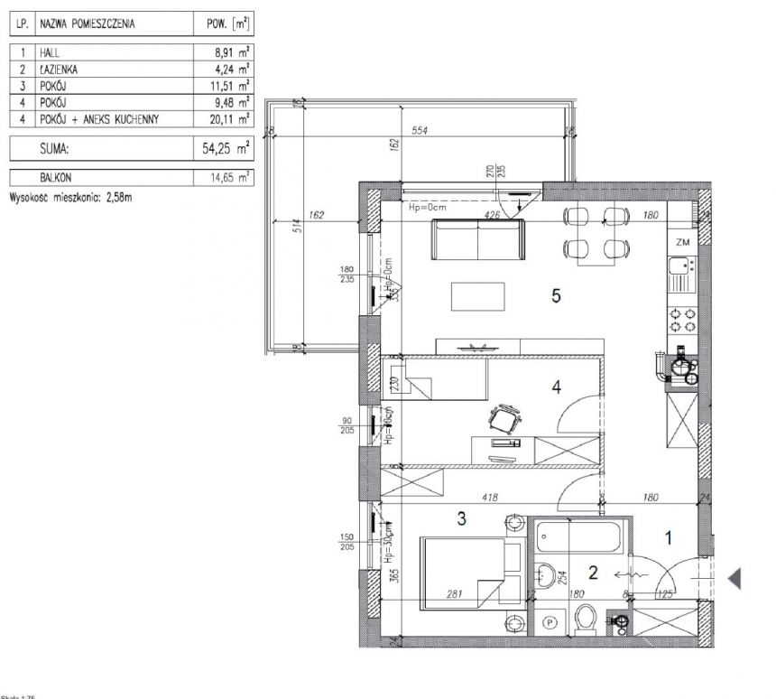 Mieszkanie 54,25 m2, 3 pokoje, KSM miniaturka 5