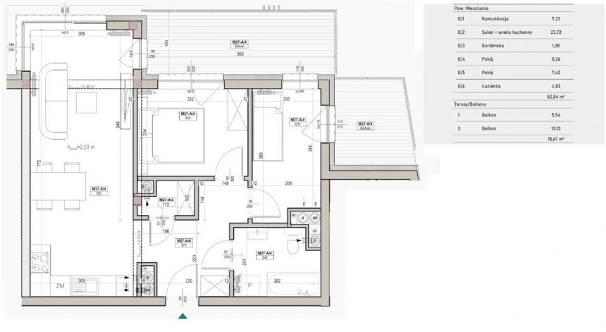 Mieszkanie 52,84 m2, 3 pokoje, Szydłówek miniaturka 5