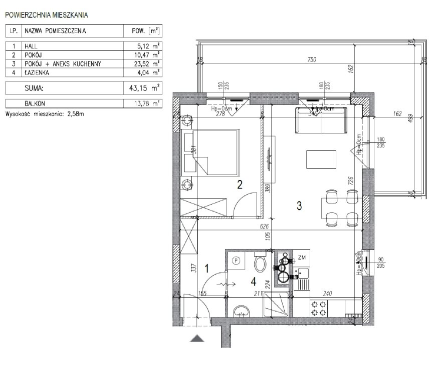 Mieszkanie 43,15 m2, 2 pokoje, KSM miniaturka 5